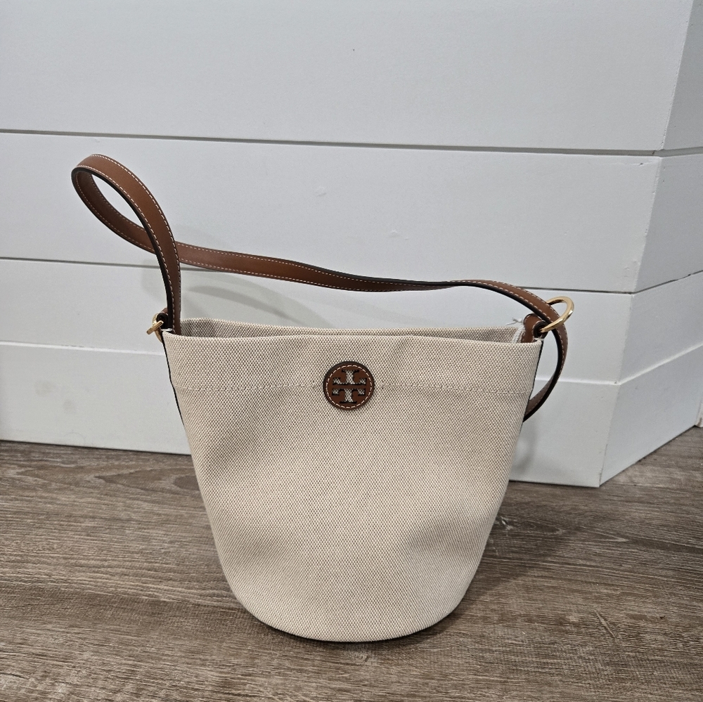 Tory Burch Cream and Brown Canvas Bucket Bag